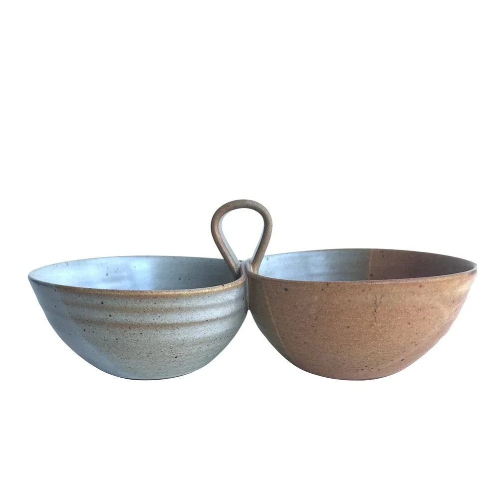 Studio Pottery Double Condiment Server Handcrafted Stoneware Two Tone Earthy